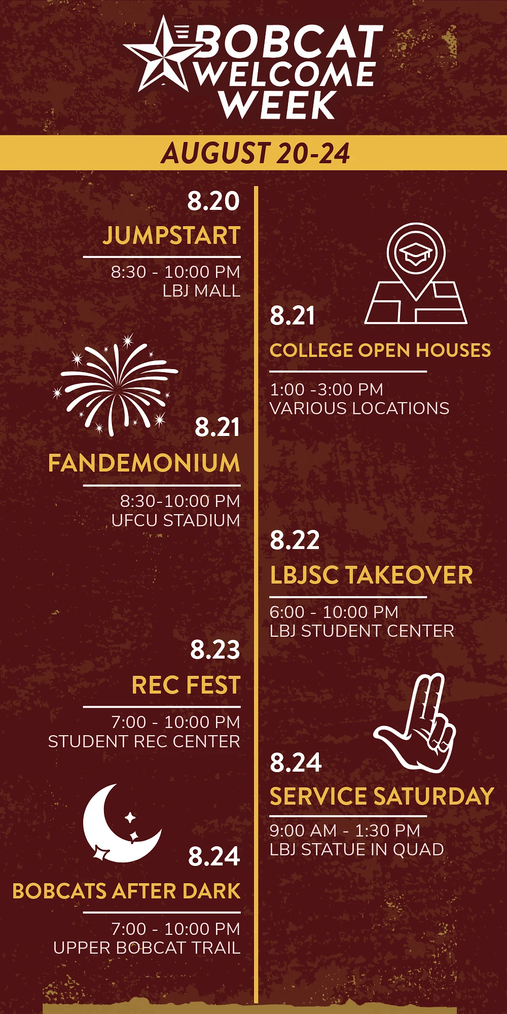 A schedule of events for "Bobcat Welcome Week" from August 20 to 24, featuring activities like Jumpstart, Fandemonium, and Rec Fest.
