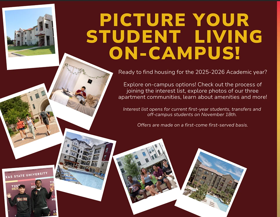 This image is an advertisement for on-campus housing options for the 2025-2026 academic year, featuring various photos of student living spaces and amenities.