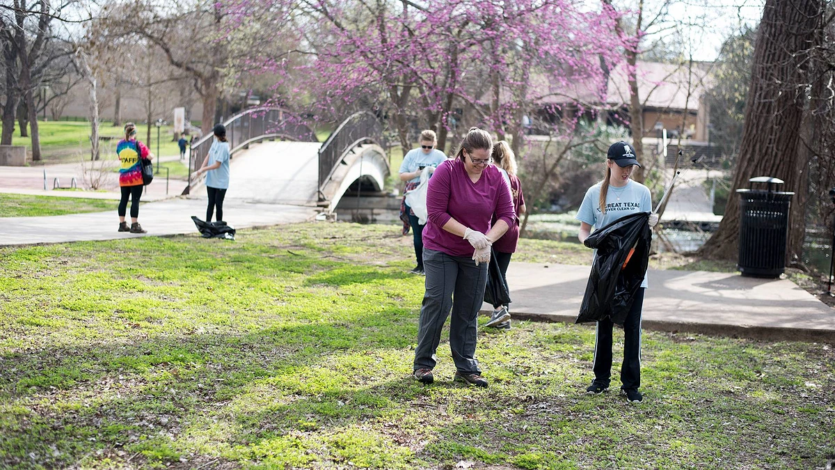 People are cleaning up a park area on a sunny day, with cherry blossom trees in the background.