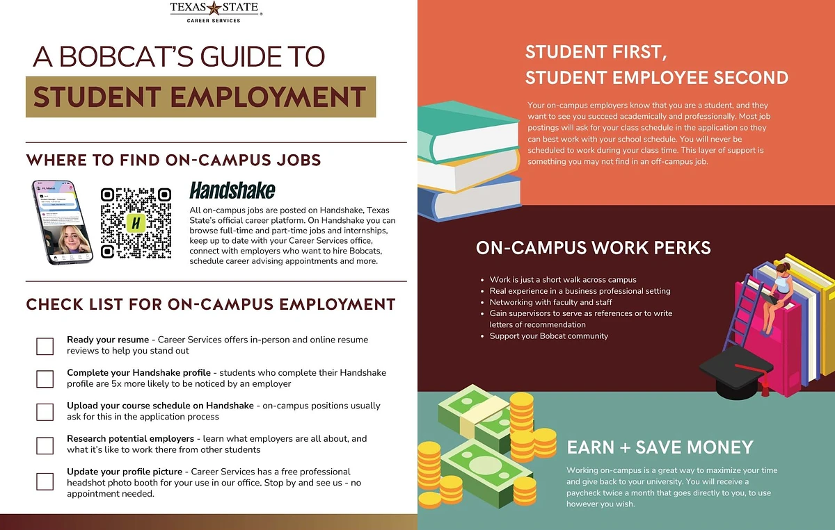 The image is a guide from Texas State Career Services on student employment, detailing where to find on-campus jobs using Handshake, offering a checklist for employment preparation, and highlighting the benefits of working on-campus.